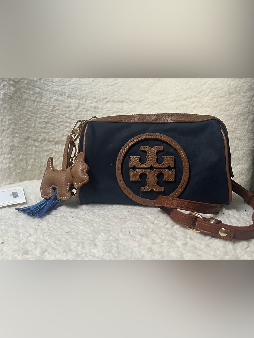 Tory Burch Navy and Brown Embossed Logo Upcycled Beauty to Crossbody Bag